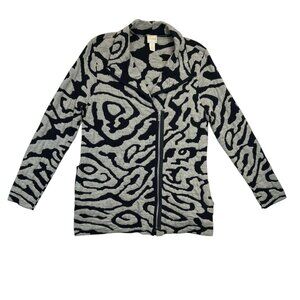 Chico's‎ Sweater Womens Size 1 Black Gray Boiled Wool-Blend Patterned Cardigan